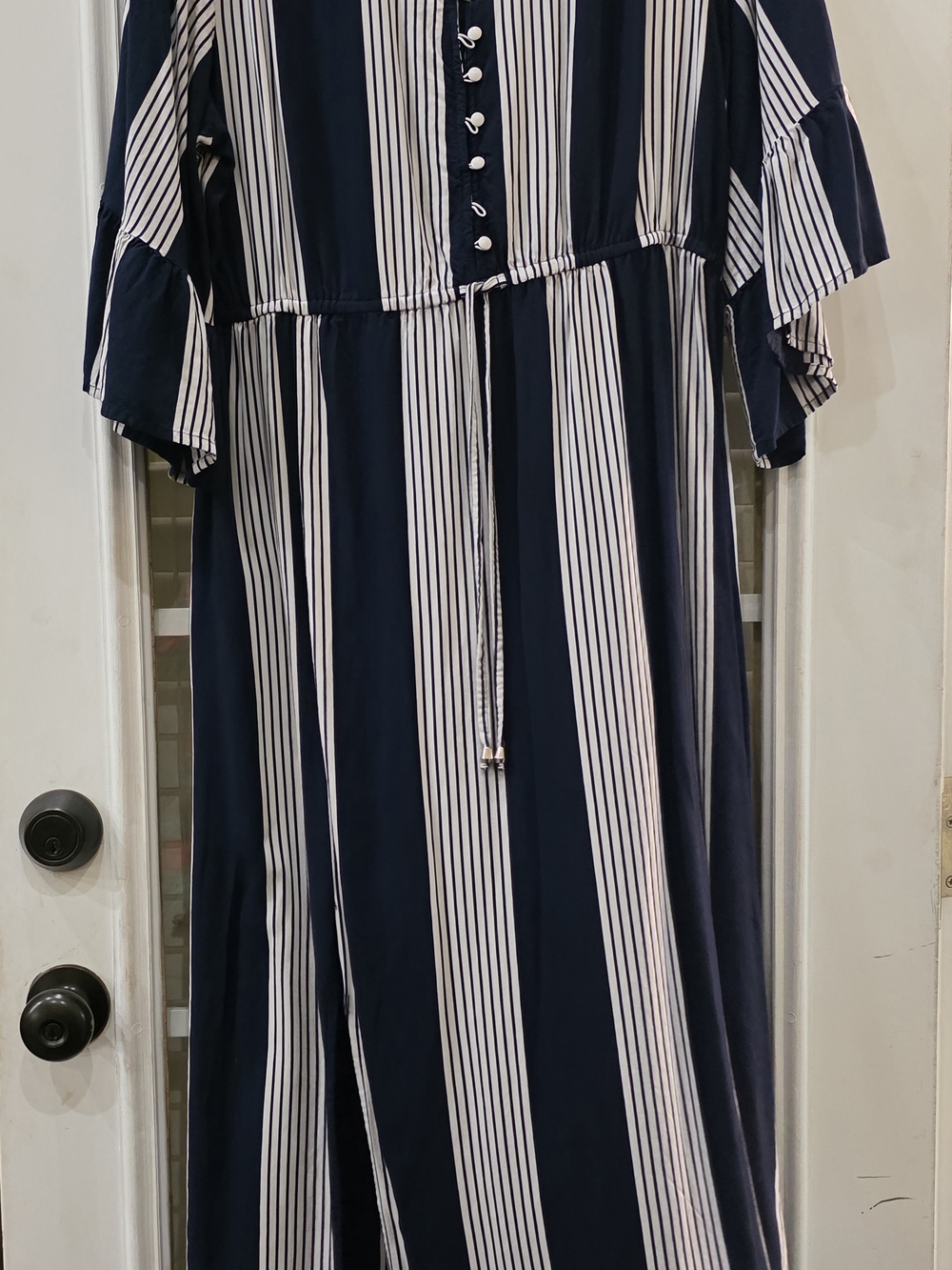 Girls' Navy and White Striped Dress with Button Front
